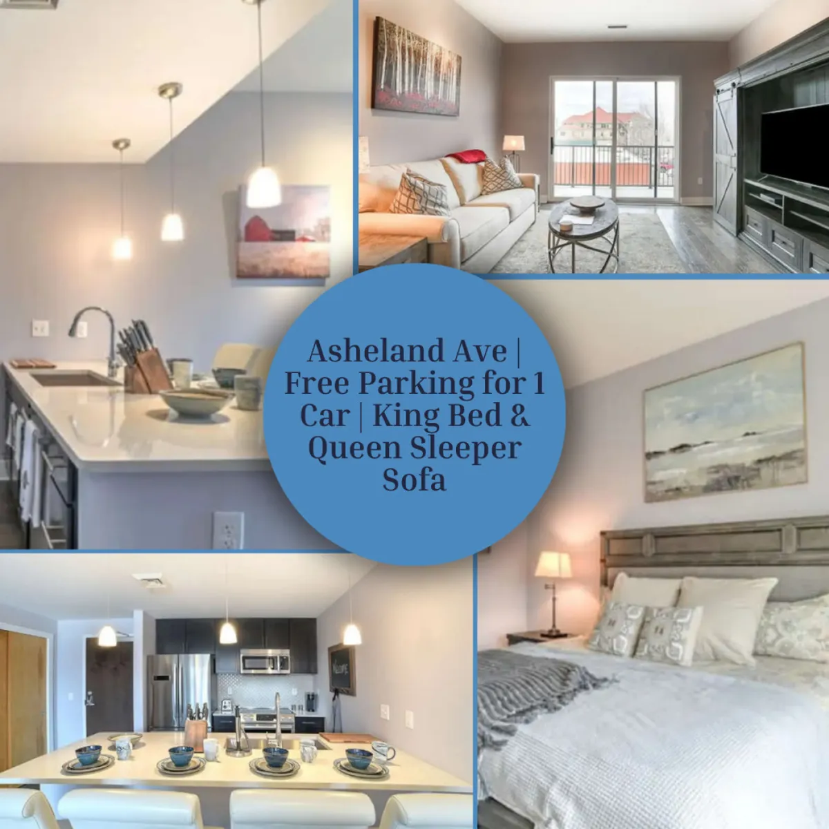 The image showcases a bright, open-concept condo interior with a stylish kitchen island, a cozy living room seating area, and a glimpse of the bedroom featuring a plush king bed. The layout flows seamlessly, inviting guests to relax, cook, entertain, or unwind in spacious comfort.